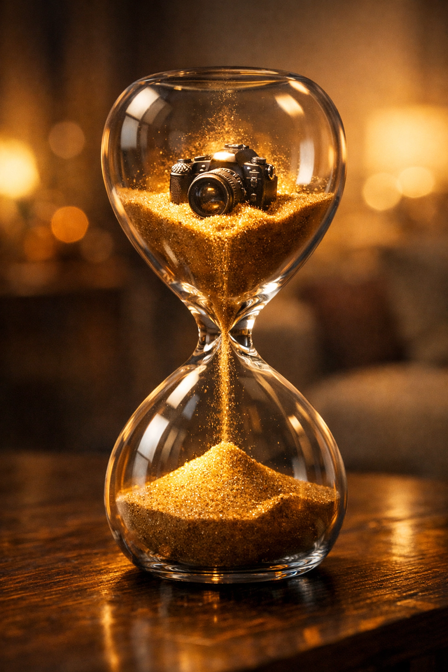 Glass hourglass with a camera inside representing the 30-day rule for impulse buying.