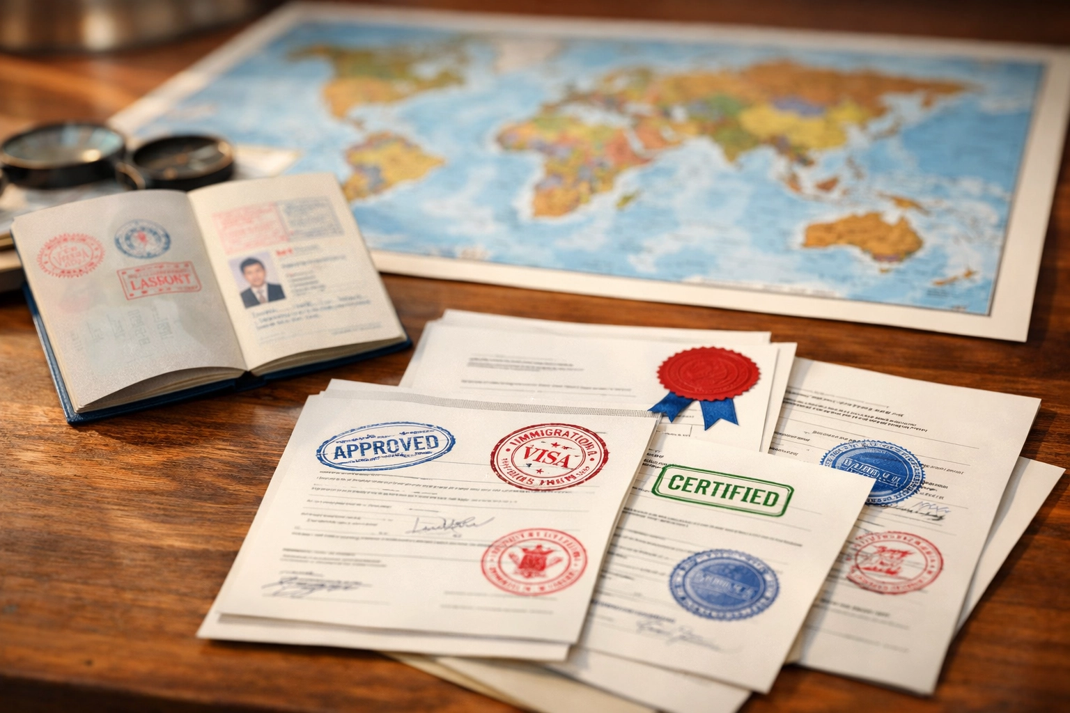 International documents with passport and stamps showing apostille destination country requirements