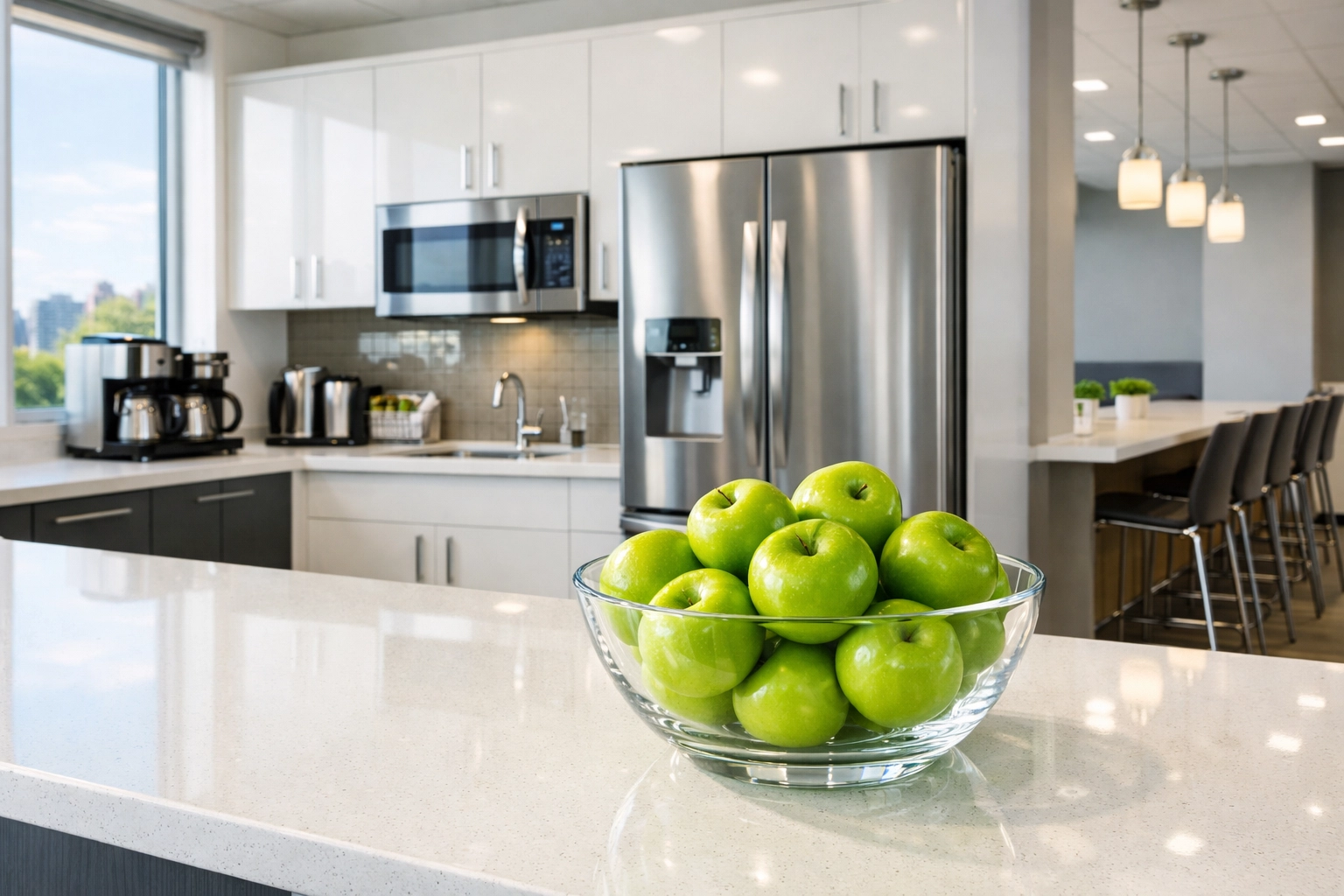 Sanitized office breakroom kitchenette representing a hybrid commercial cleaning plan in Westchester.