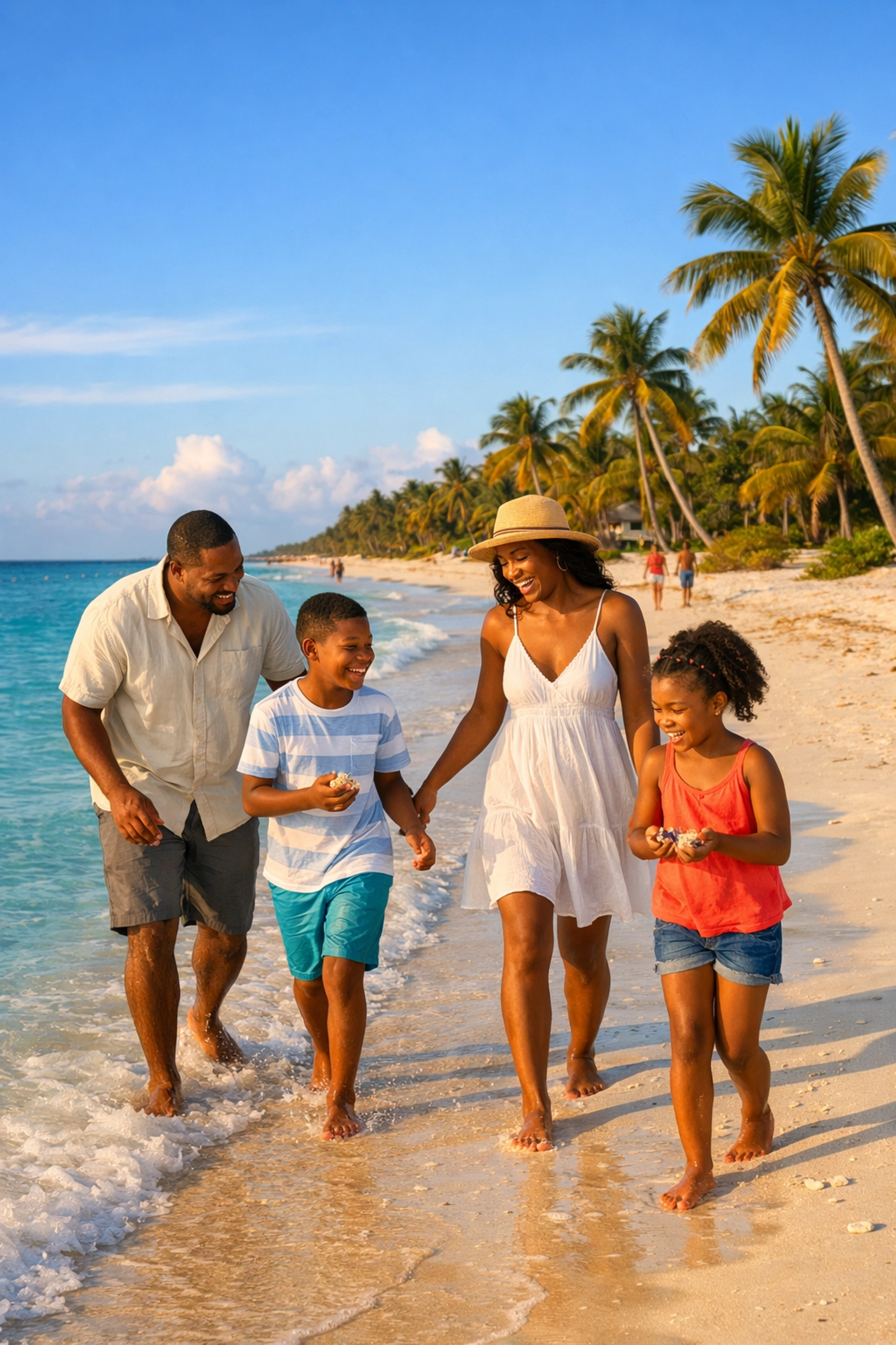Family enjoying quiet Caribbean beach during cruise shoulder season travel