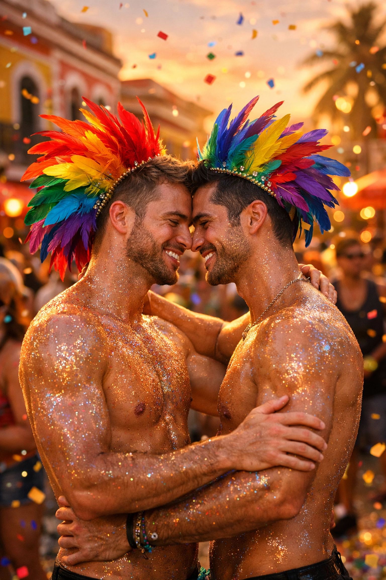 Two men dancing intimately at Rio Carnival with rainbow feathers in Ipanema street party