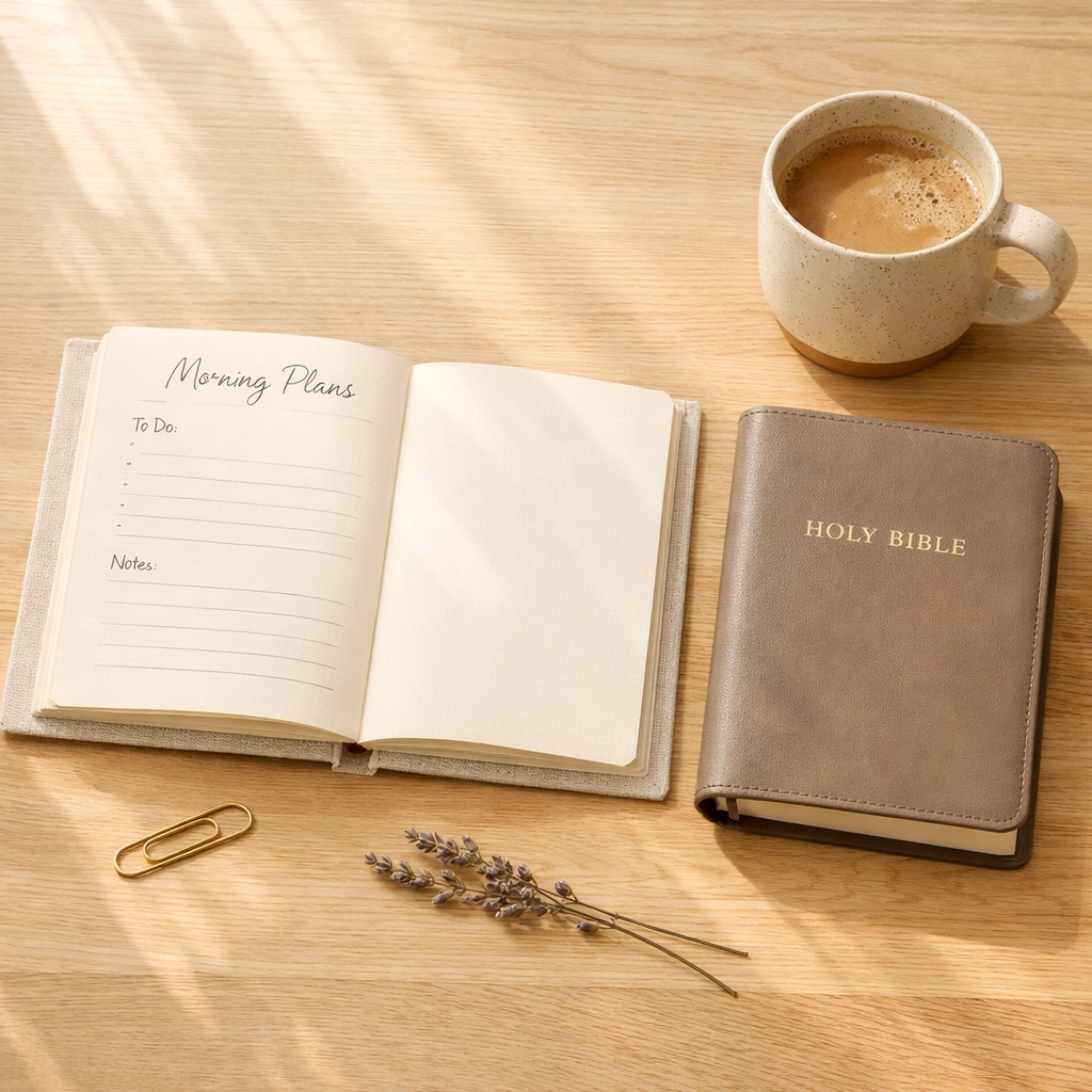 Minimalist morning setup with an open faith based planner, Bible, and coffee for daily prayer.