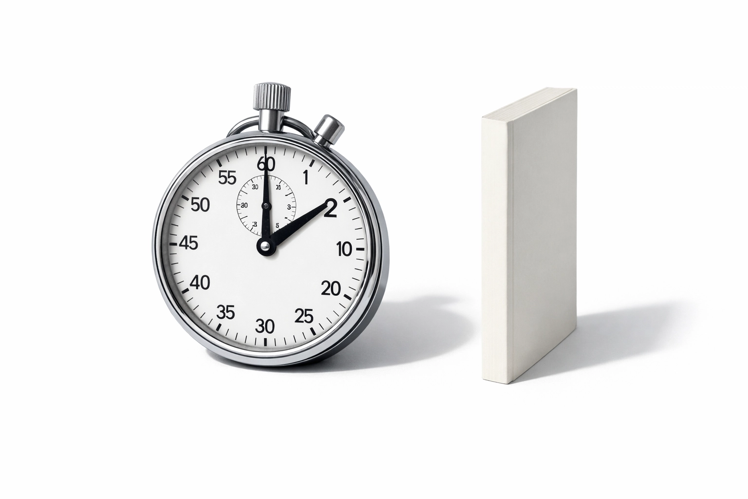 Clock showing 2 hours next to slim paperback book illustrating quick read time