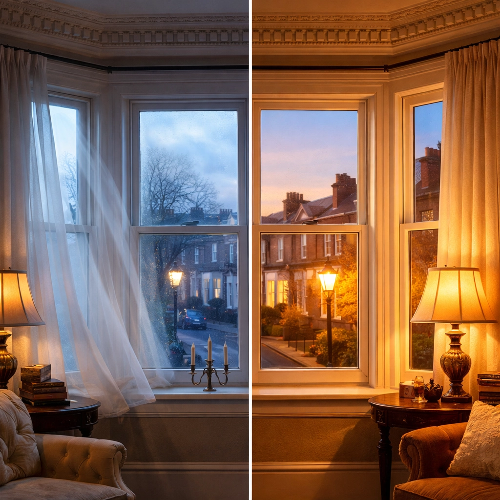 Before and after Victorian bay window with secondary glazing installation in London heritage home