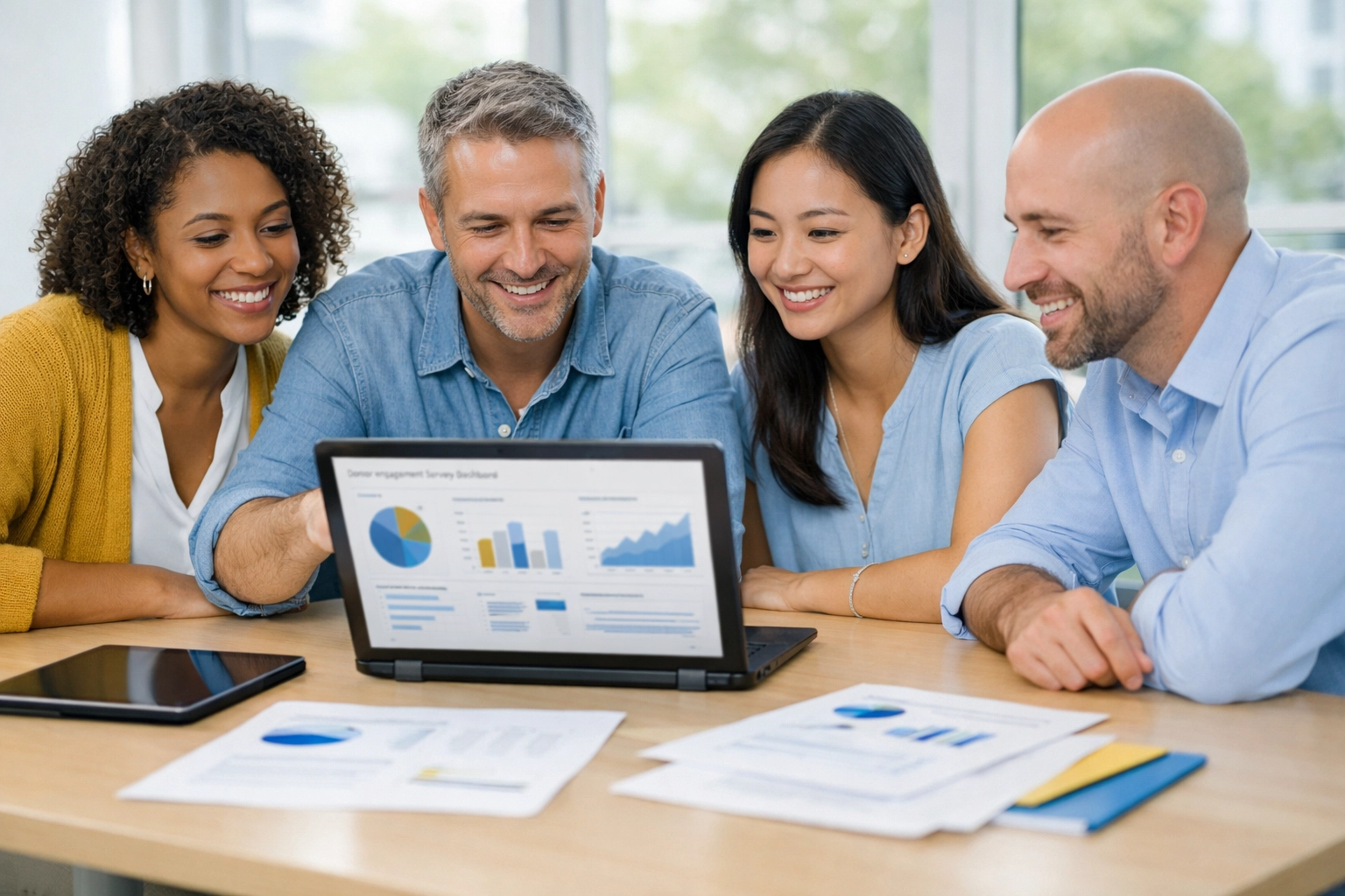 A nonprofit fundraising team reviews a donor engagement survey dashboard to identify major gift potential.