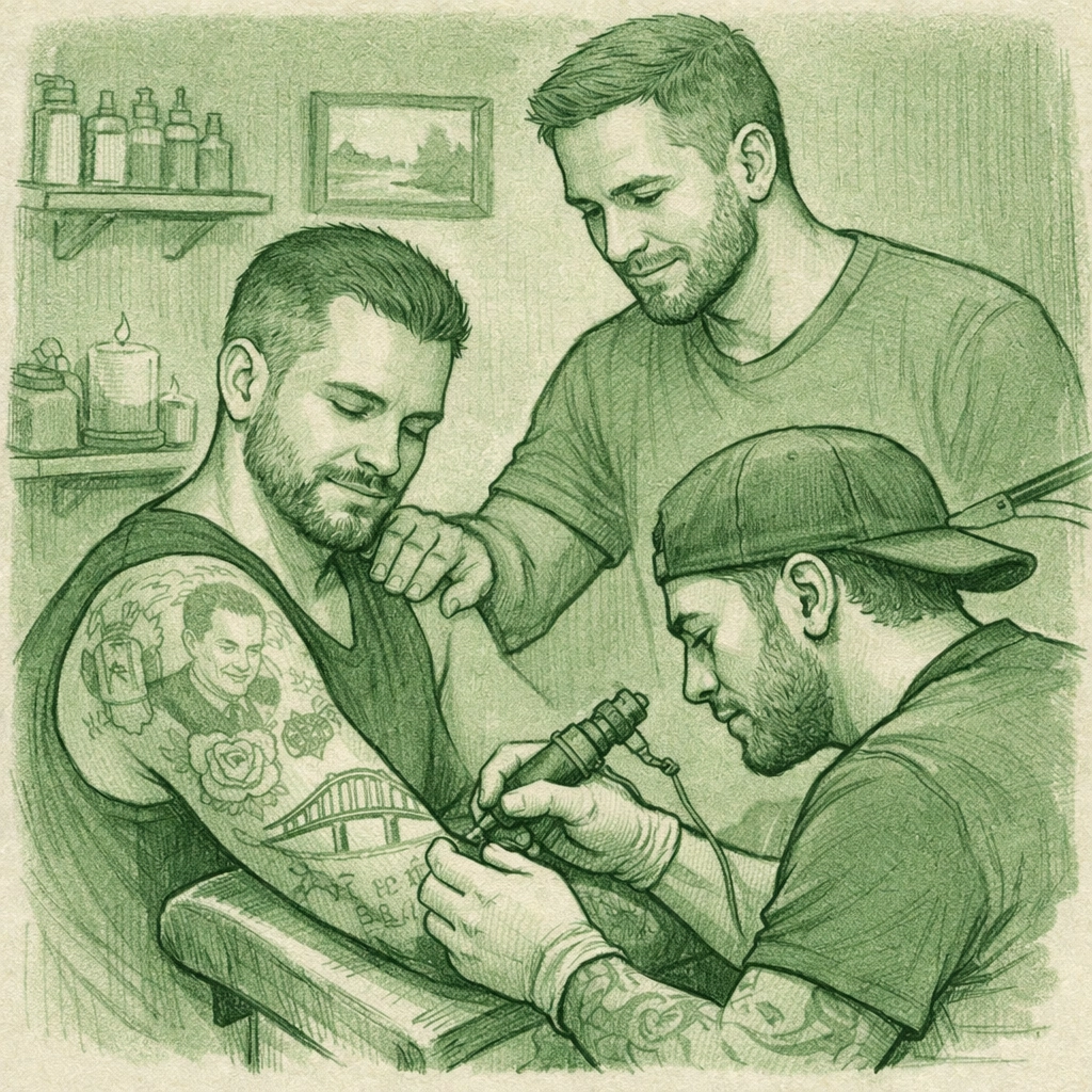 Tattoo artist adding bridge design to memorial sleeve while supportive partner stands nearby