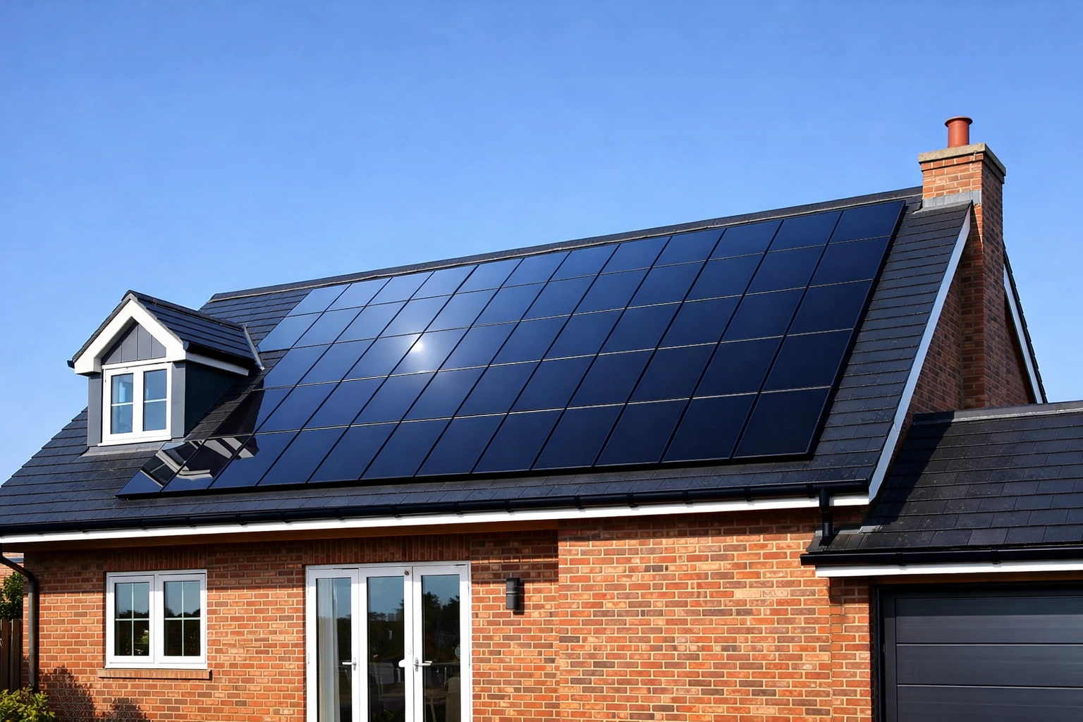 Contemporary British home with all-black solar panels for long-term energy independence.