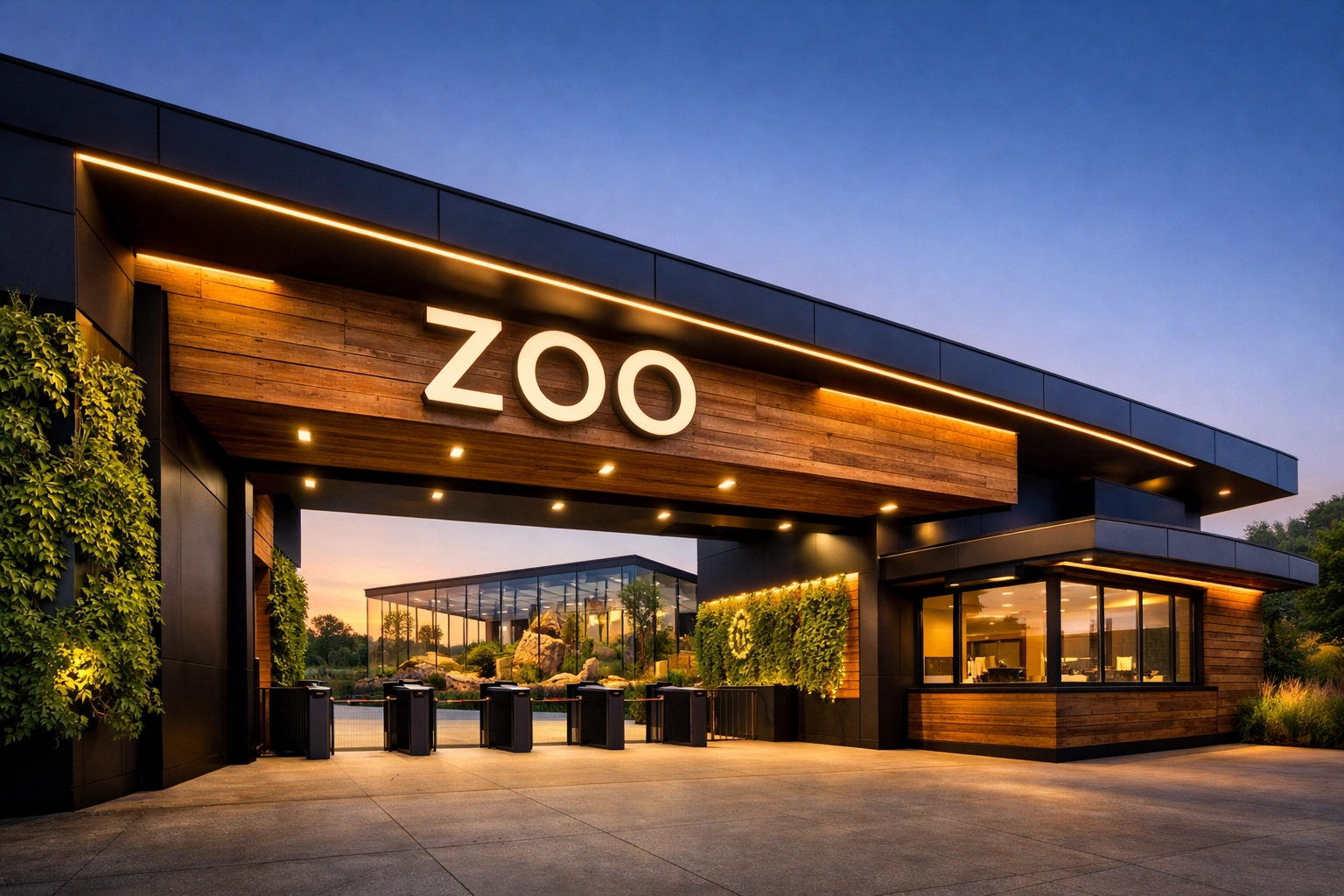 Sleek modern zoo entrance gateway showing professional visual communication and contemporary brand identity.