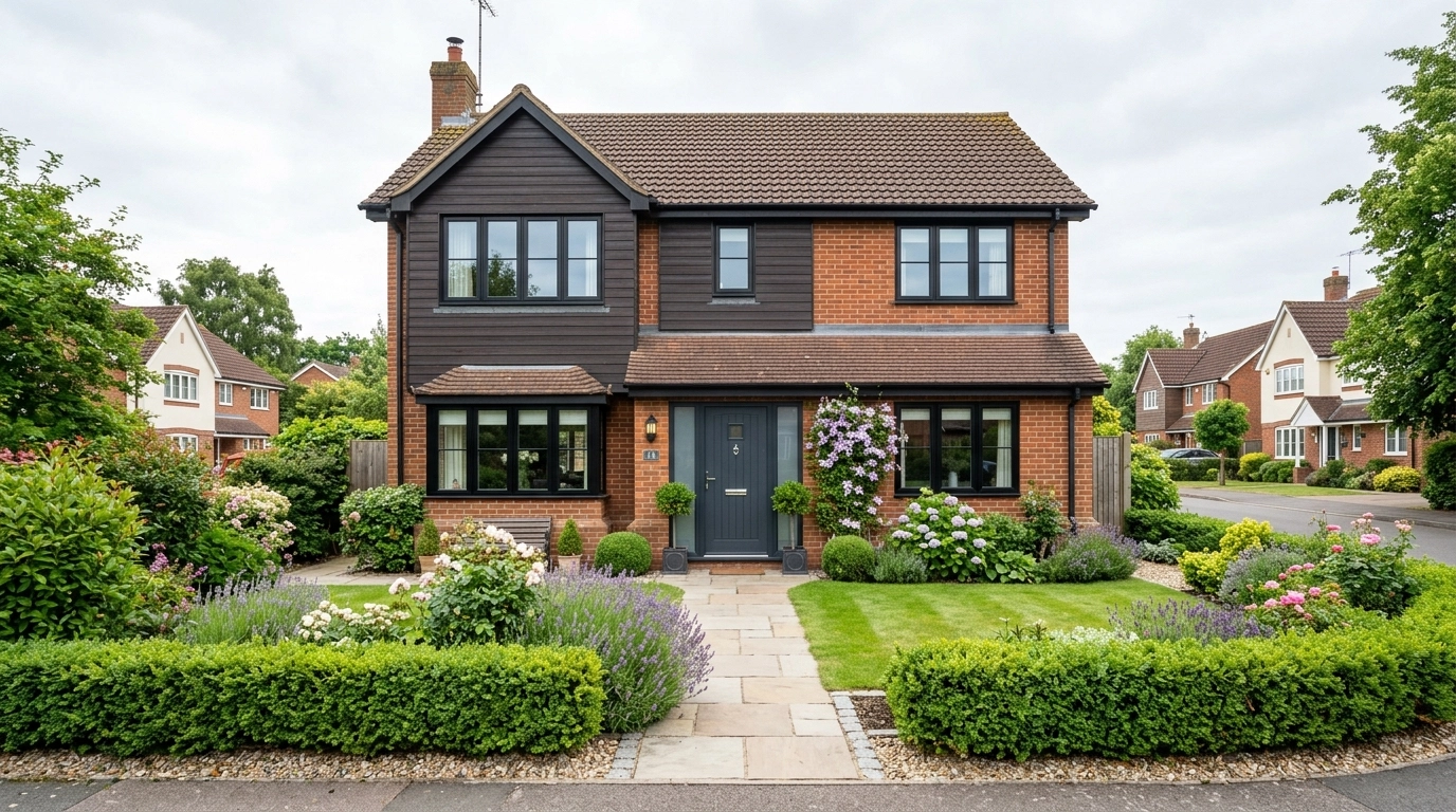 A beautiful modern British house exterior, representing the success and security of a well-managed remortgage.