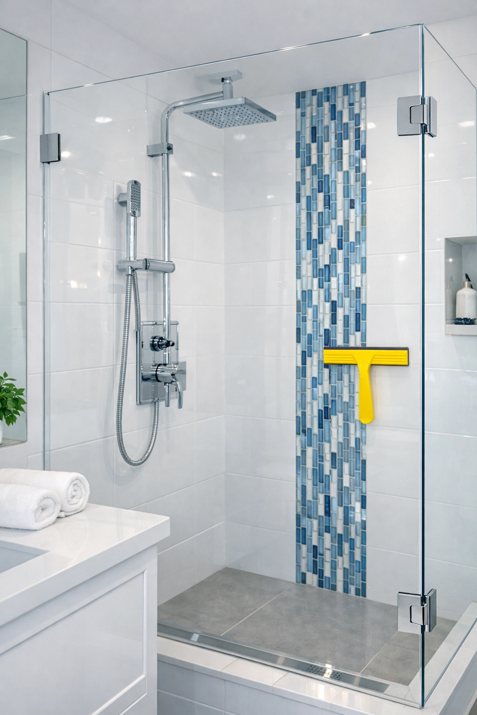 Streak-free glass shower in a bathroom cleaned by house cleaning Brookline MA services.