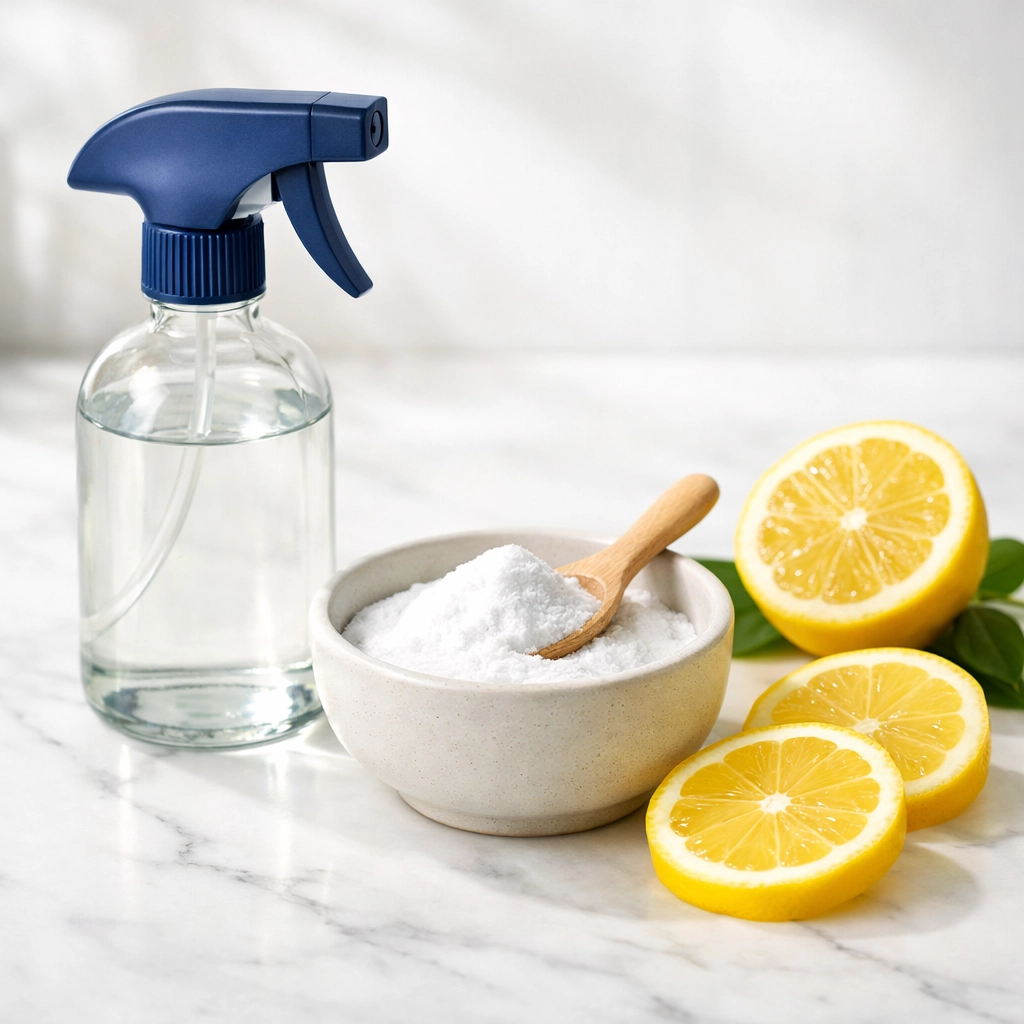 Natural cleaning ingredients like baking soda and lemon for eco-friendly carpet cleaning.