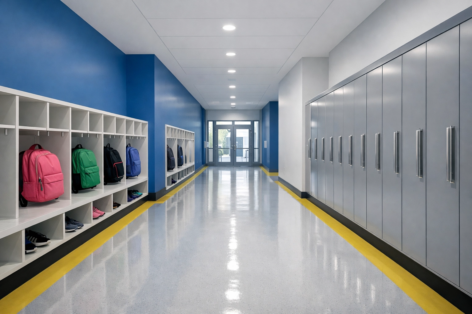 Spotless school corridor with lockers and organized cubbies for a germ-free environment.