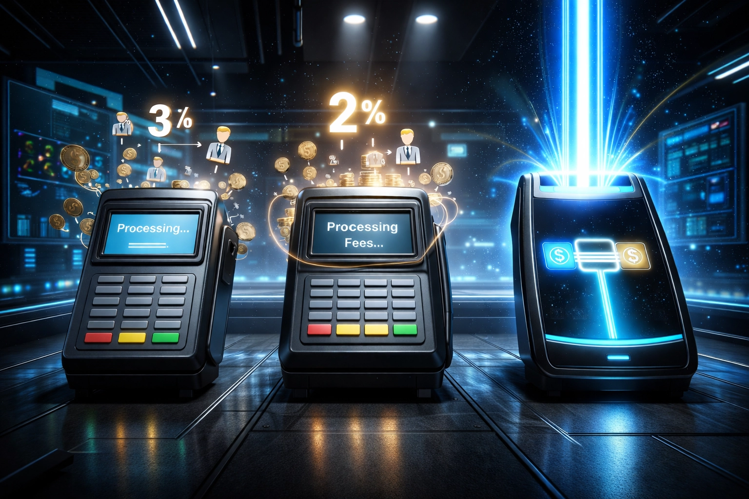 Comparison of crypto POS systems showing custodial intermediaries versus Larecoin direct wallet-to-wallet payment solution