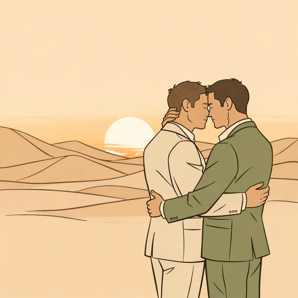 Gay couple embracing at sunset during minimalist desert wedding ceremony