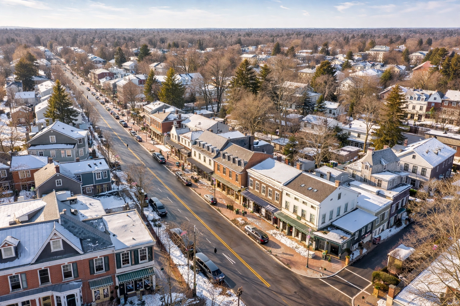 Aerial view of Moorestown NJ Main Street with tree-lined neighborhoods, highlighting community appeal and local real estate trends. Aerial view of Moorestown NJ Main Street with tree-lined neighborhoods, highlighting community appeal and local real estate trends.