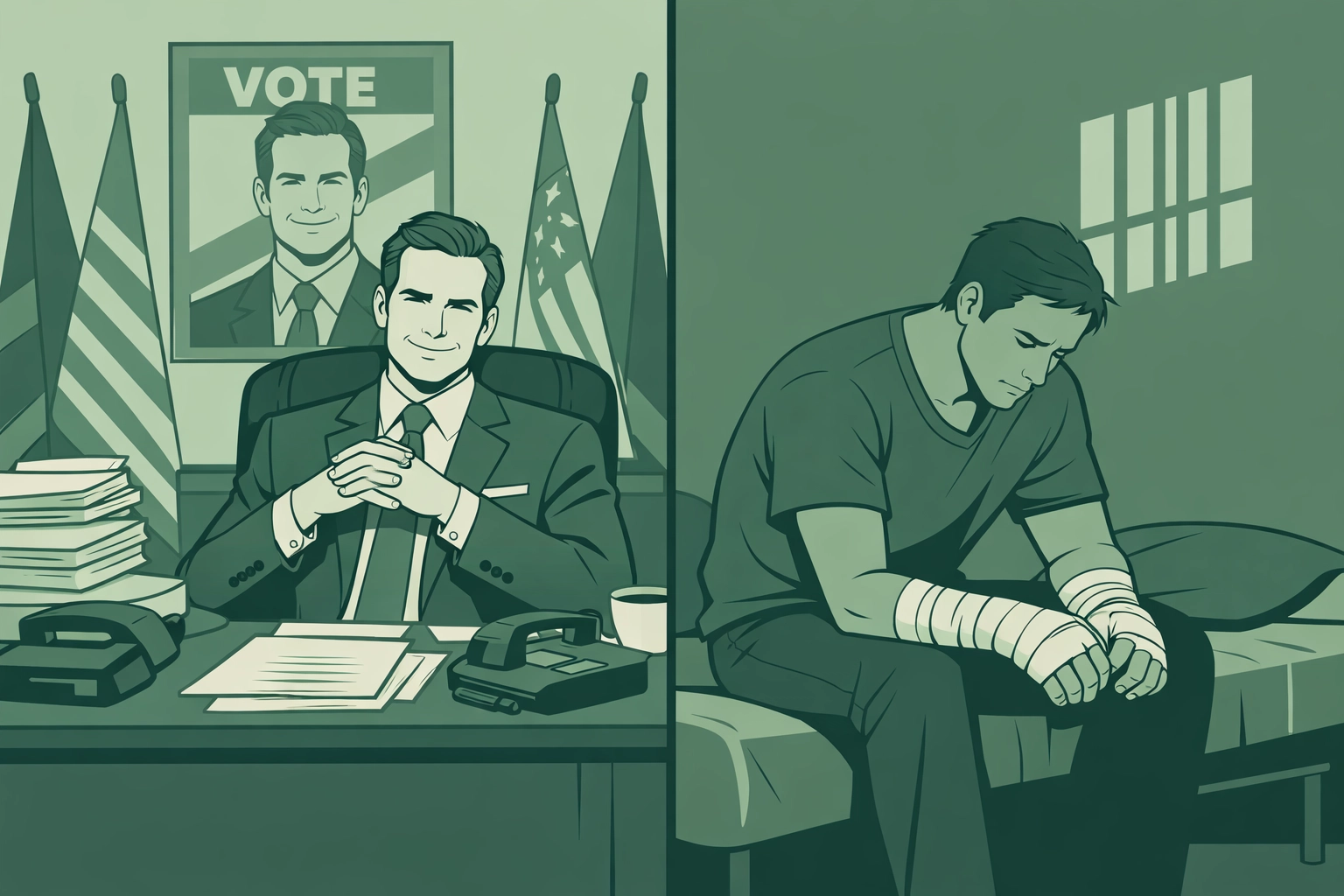 Political strategist's rise and fall split scene in dark MM romance thriller