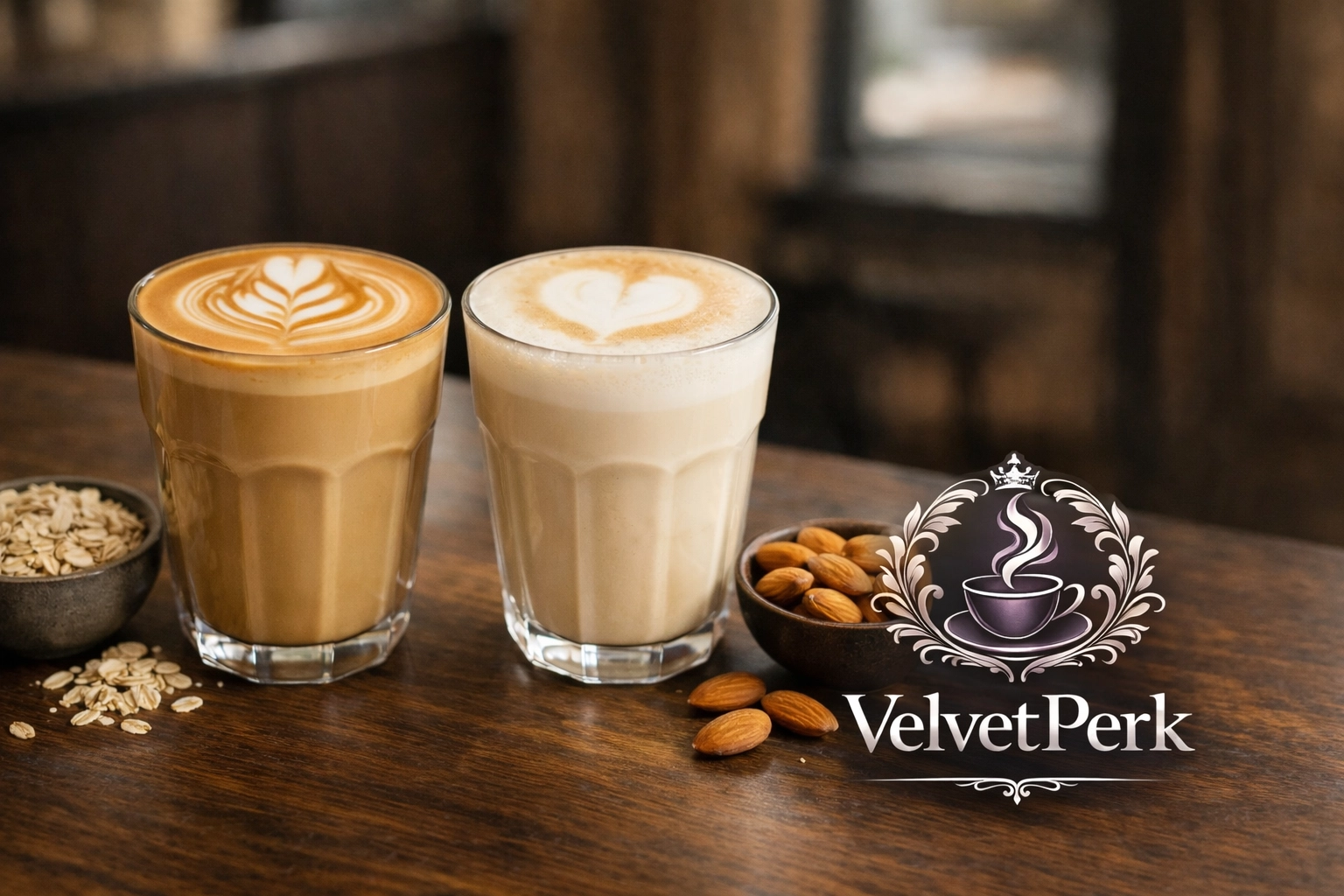 Oat milk latte and almond milk latte side by side showing the difference in foam texture and latte art