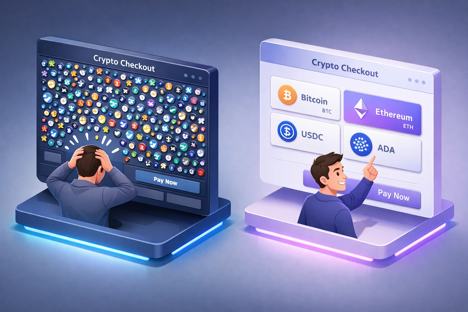 Confusing 300+ cryptocurrency checkout vs simple streamlined Larecoin payment interface