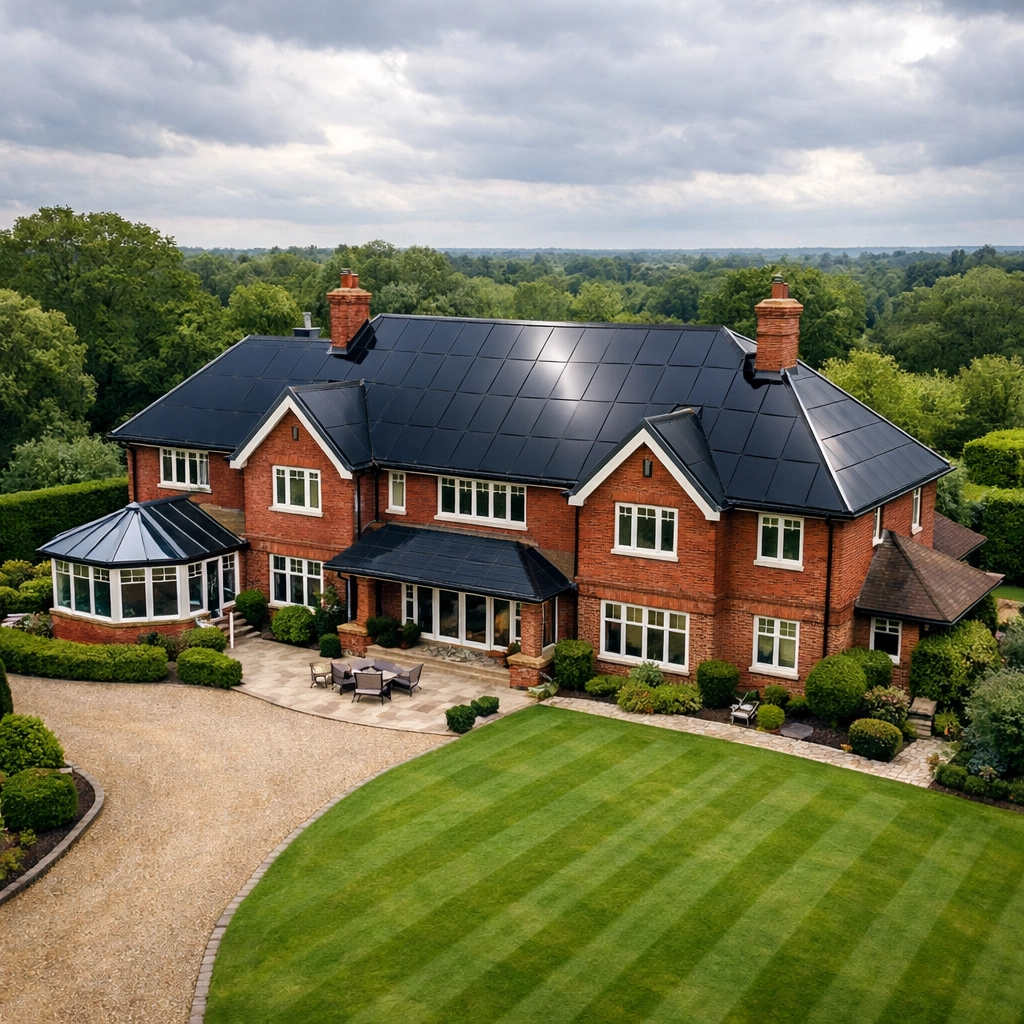 Modern UK home featuring black-on-black solar panels optimized for South England weather conditions.
