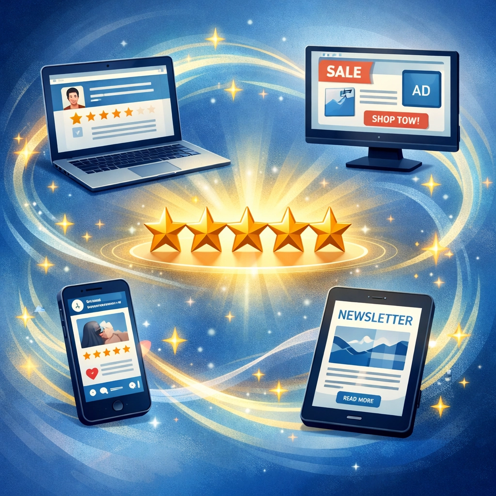 Customer reviews spreading across website, social media, email, and digital platforms