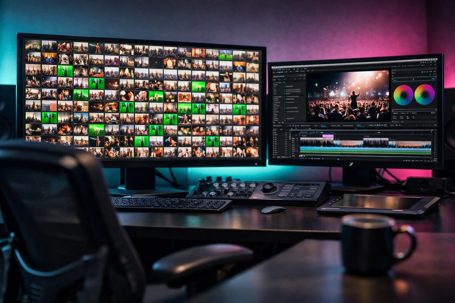 Modern editing suite with dual monitors showing AI editing software automatically culling sharp images.