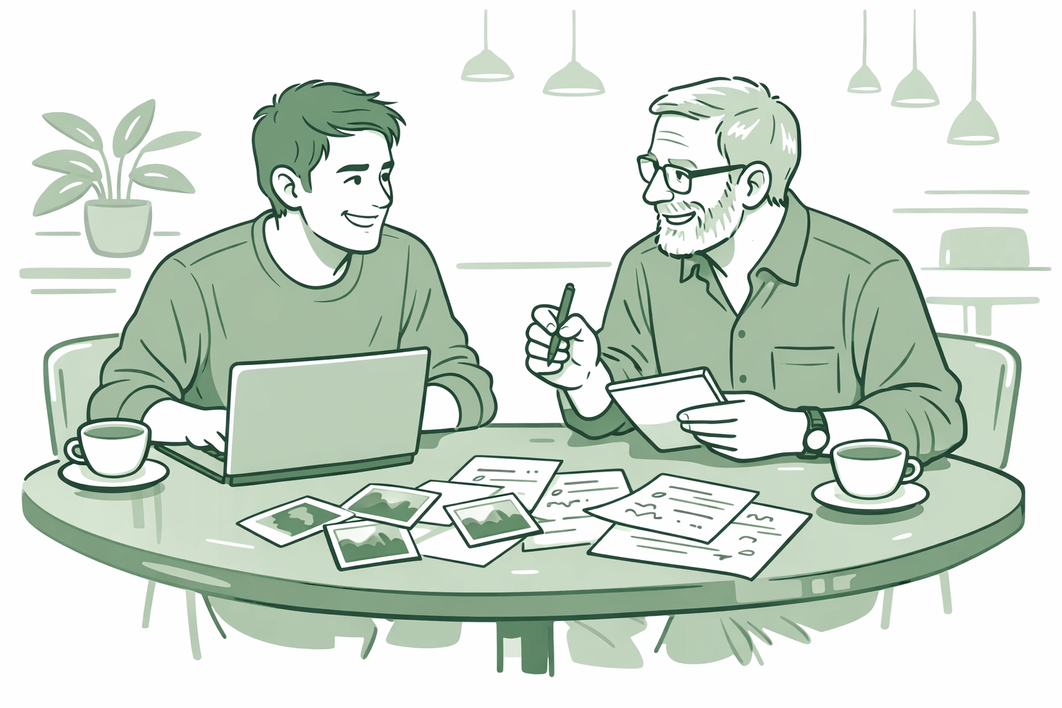 Two gay men of different generations collaborating and exchanging knowledge at café