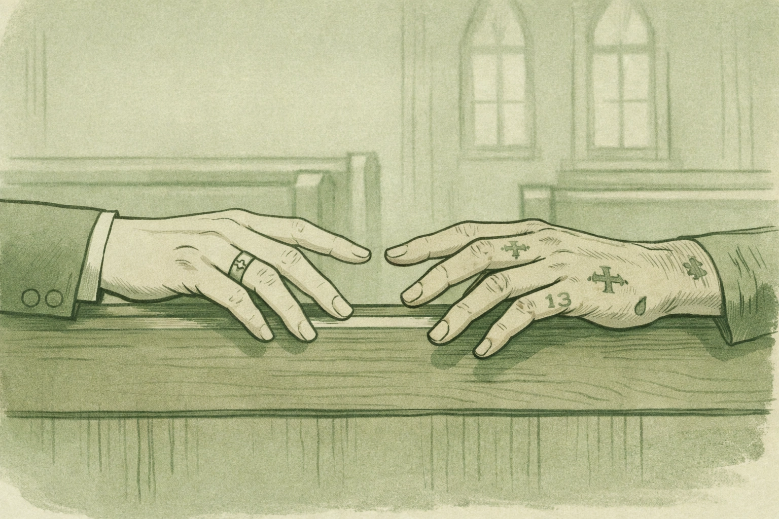 Two men's hands nearly touching across chapel pew - forbidden gay romance and emotional connection