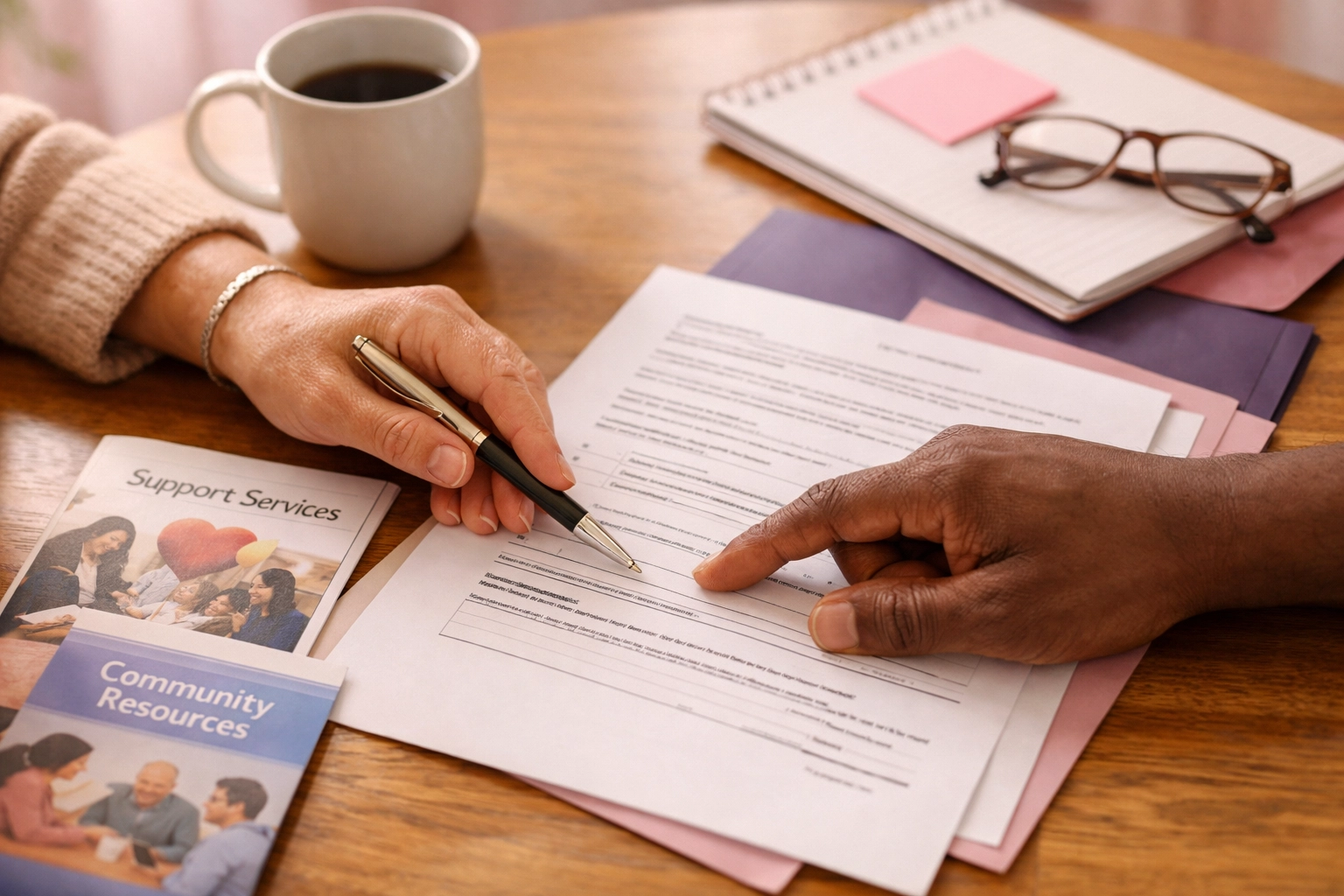 Case manager and participant reviewing rapid rehousing documents and housing stability plan