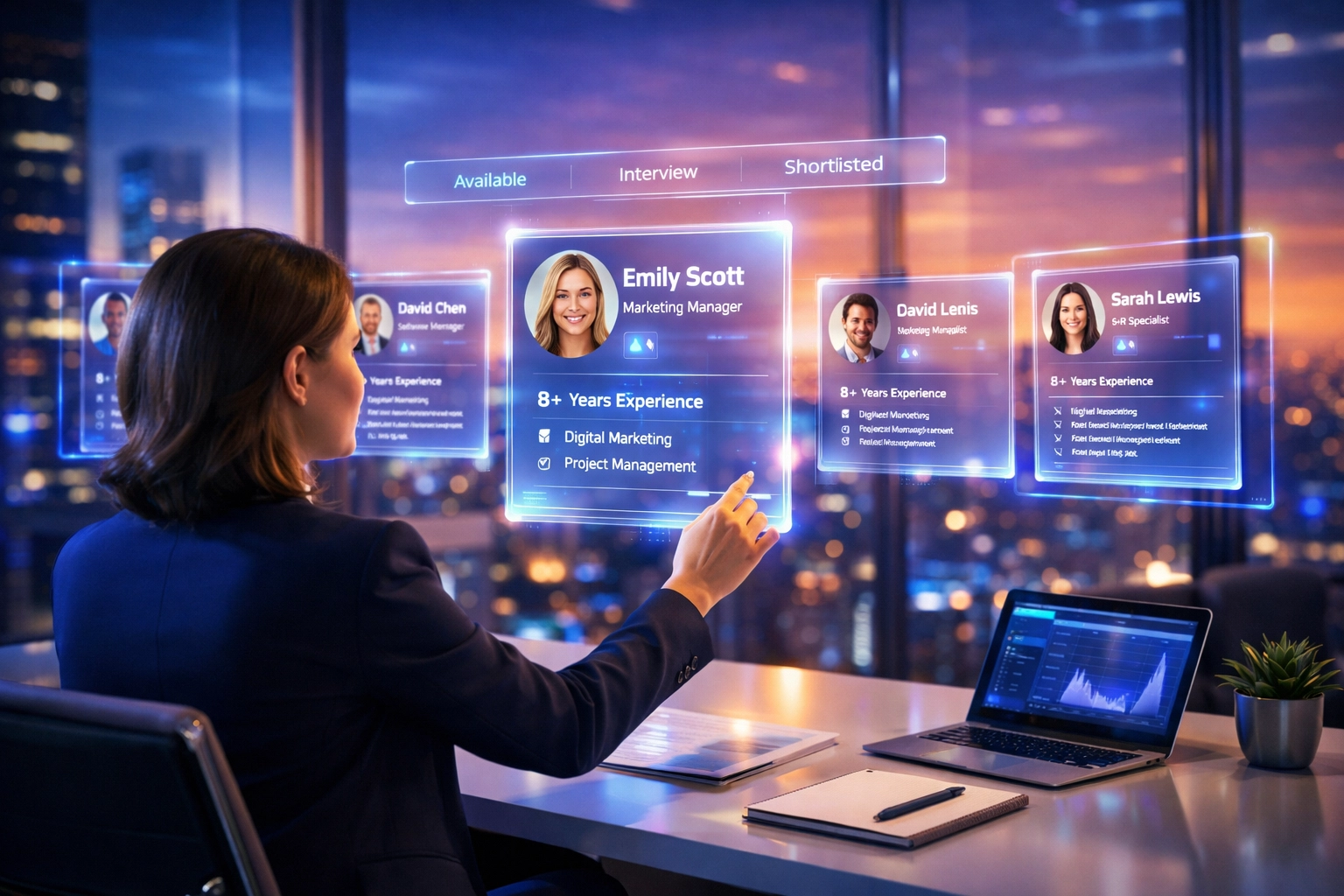 Recruiter nutzt KI im HR-Alltag für effizientes Screening von digitalen Kandidatenprofilen.