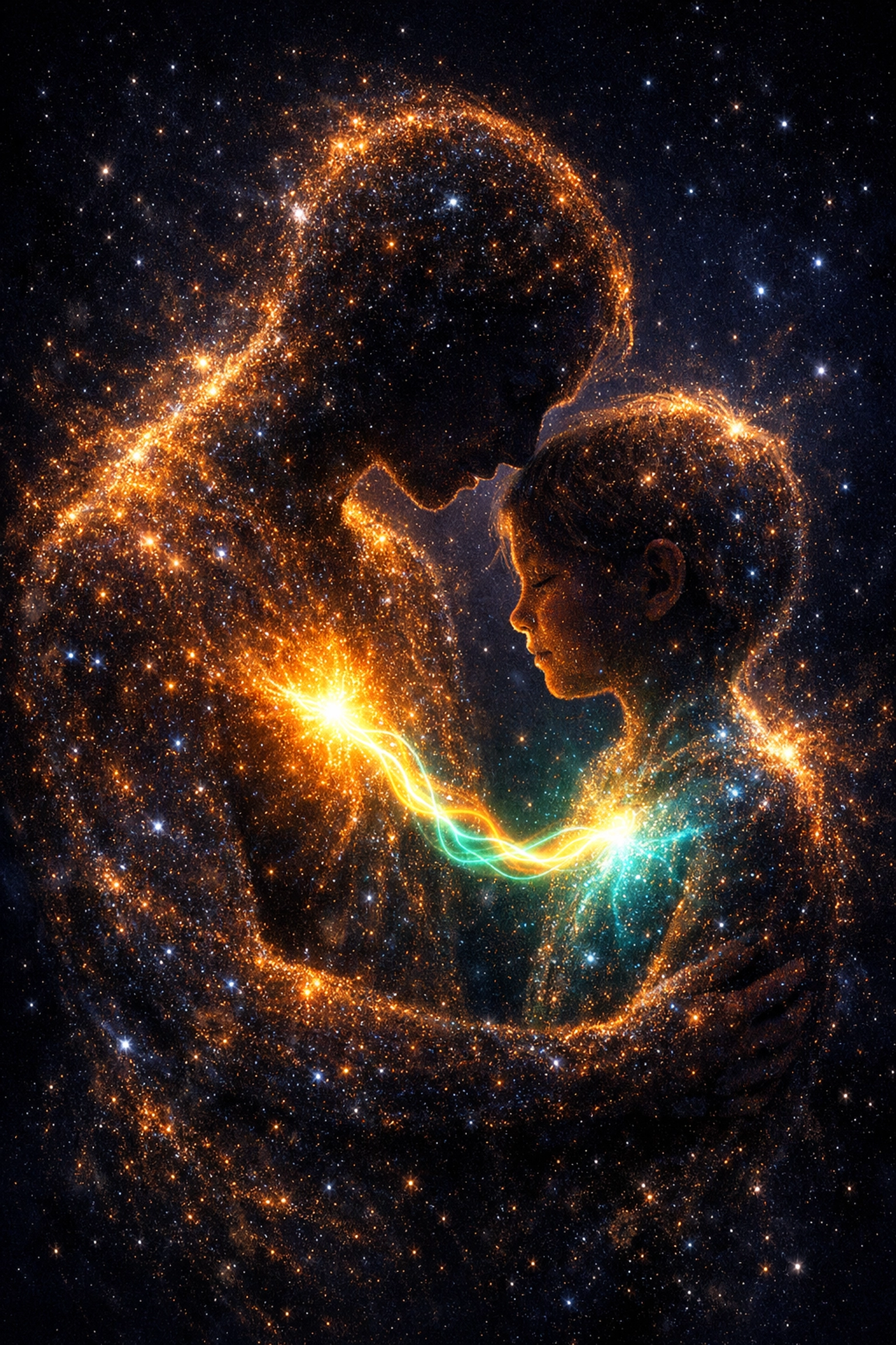 Glowing silhouettes of parent and child illustrating co-regulation and biological nervous system alignment.