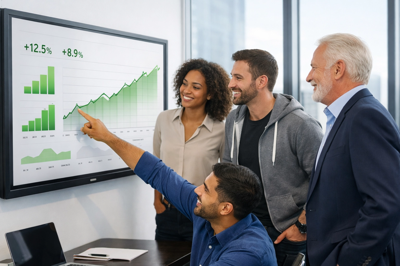 IT consultants and a business leader reviewing a data dashboard showing successful 2026 ROI growth.
