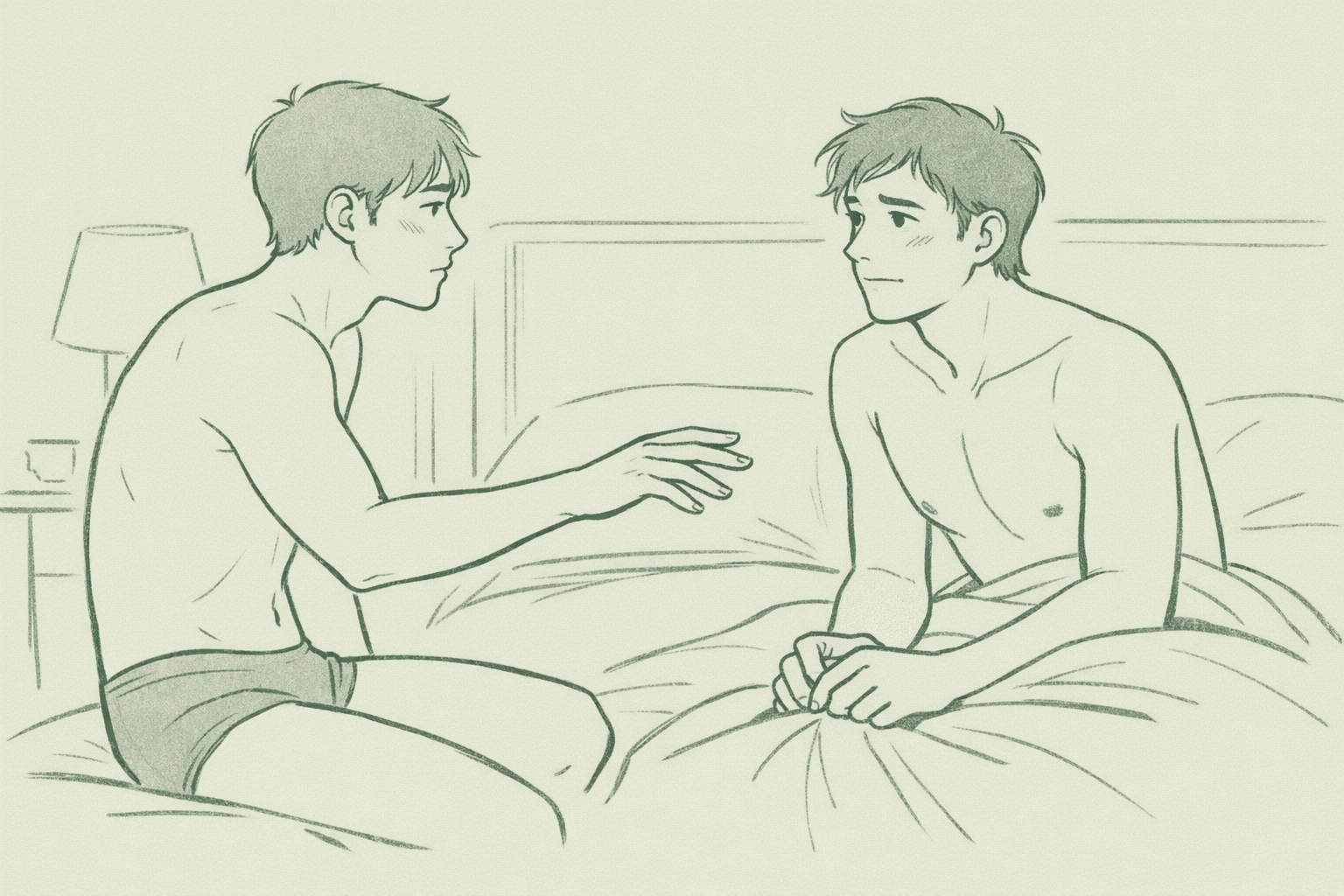 Gay couple navigating an awkward but tender first time together in realistic MM romance