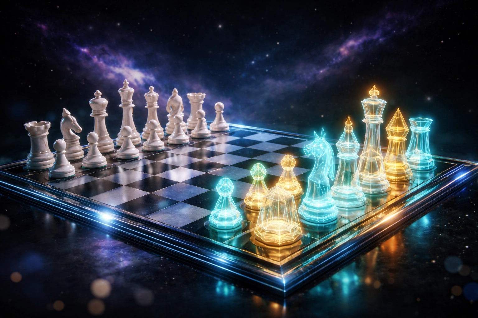 Glass chess board with traditional and futuristic pieces highlights the blend of classic and digital assets in modern portfolio strategies.
