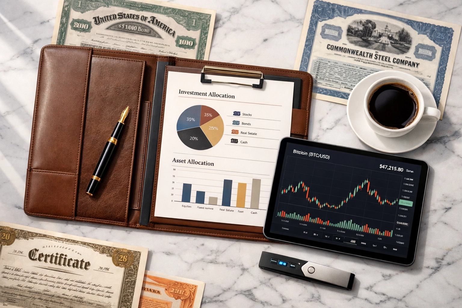 Portfolio documents showing Bitcoin allocation alongside traditional bonds and stock certificates