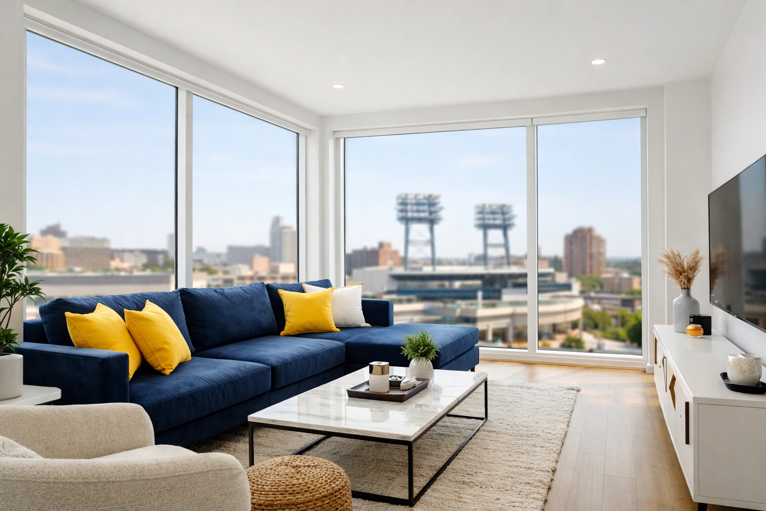 Clean modern Worcester apartment living room with view of Polar Park after house cleaning Worcester MA.
