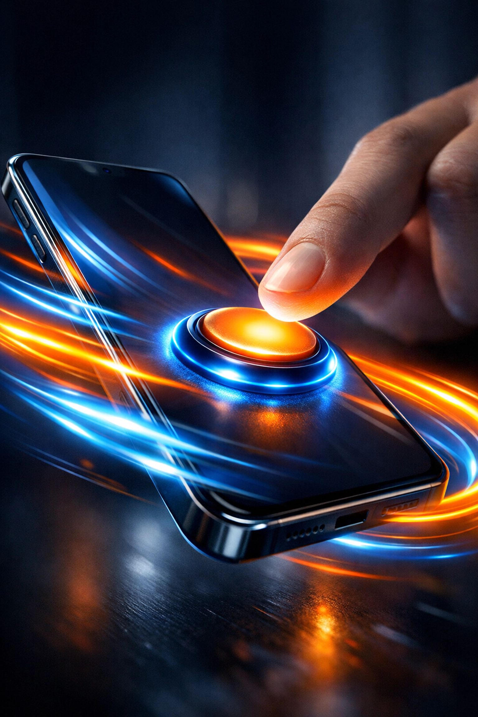A smartphone with fast light streaks and a thumb clicking a high-speed mobile landing page CTA button.
