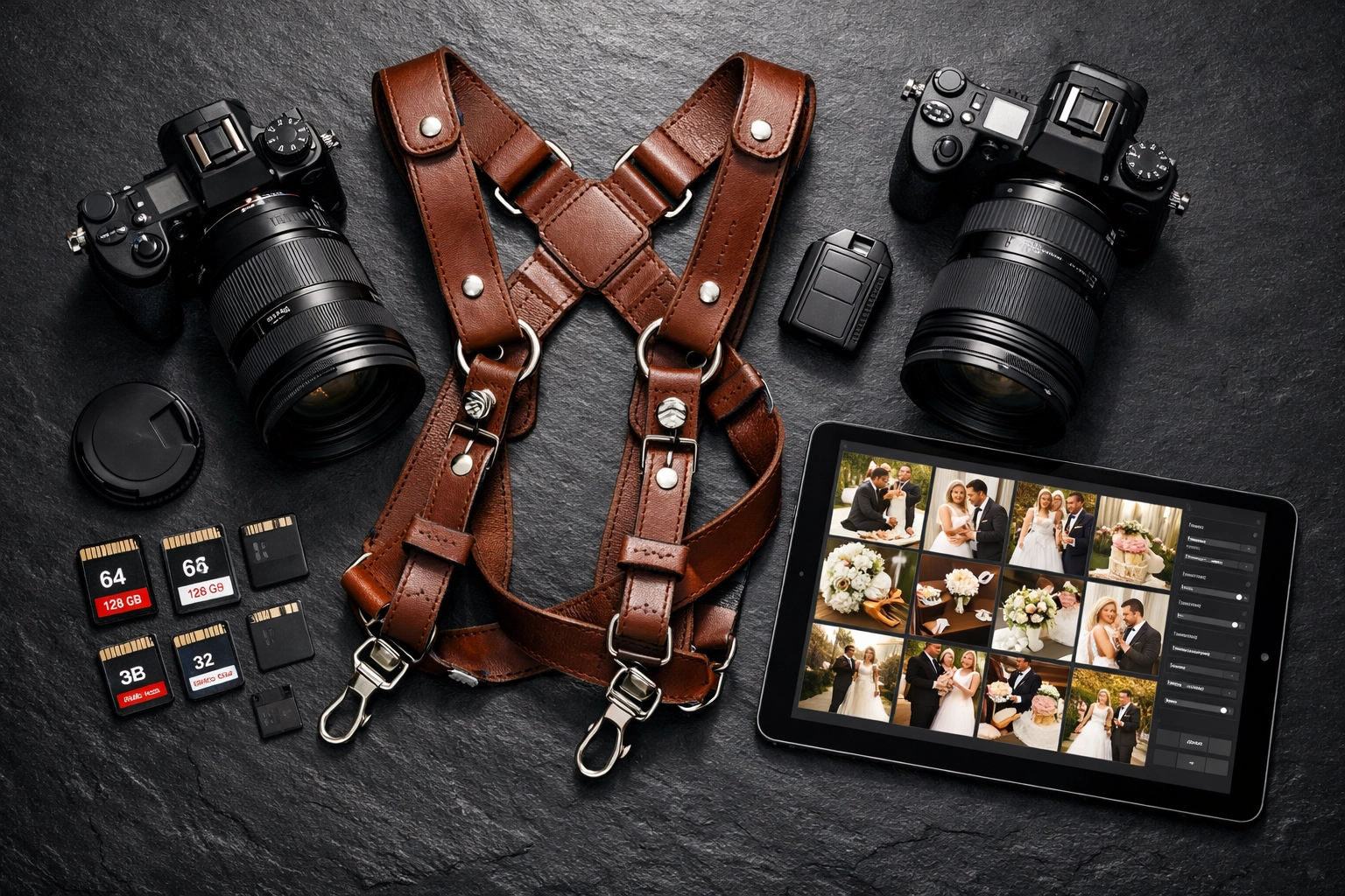 Professional wedding photographer equipment and cameras used for high-quality event photography.