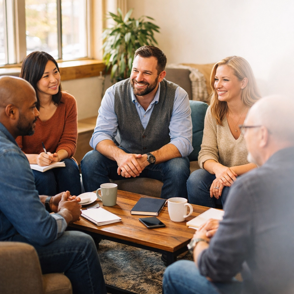 Sober entrepreneurs in mastermind group meeting discussing business growth