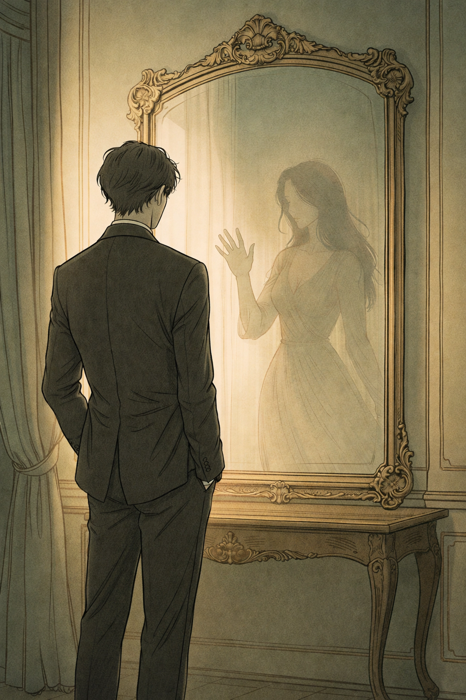 A solitary figure in a suit gazes at a mirror reflecting their true feminine identity, symbolizing hidden transgender struggles.