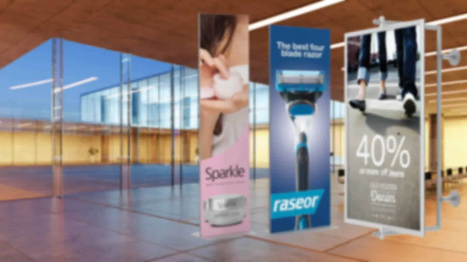Large retail display banners in a modern lobby exemplify the vibrant, high-impact color reproduction possible with Linemark’s digital printing services.