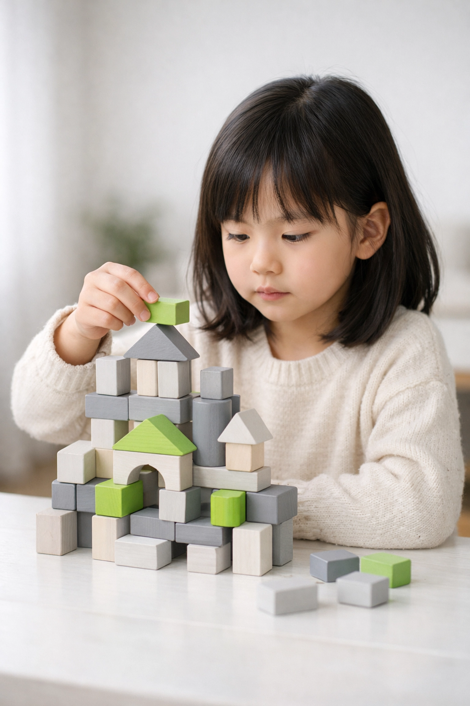 Meisje bouwt aan een cognitief fundament als symbool voor vroege leerbegeleiding op de basisschool.