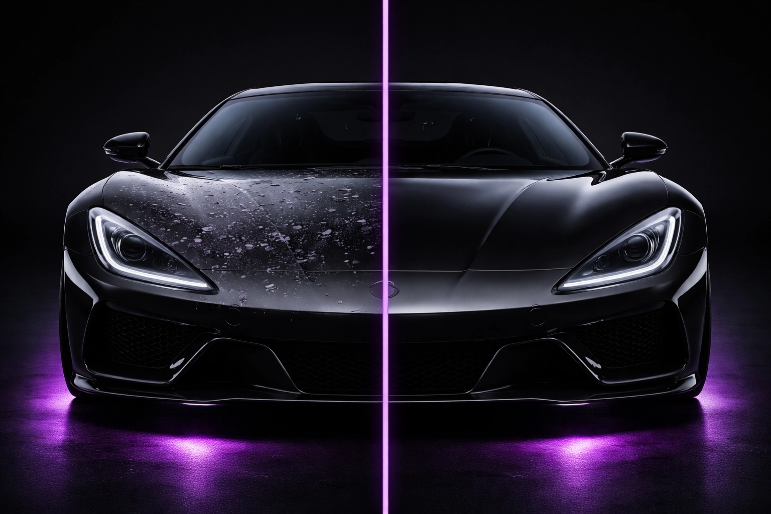 Side-by-side comparison of cars with and without PPF, showing paint chip protection benefits.