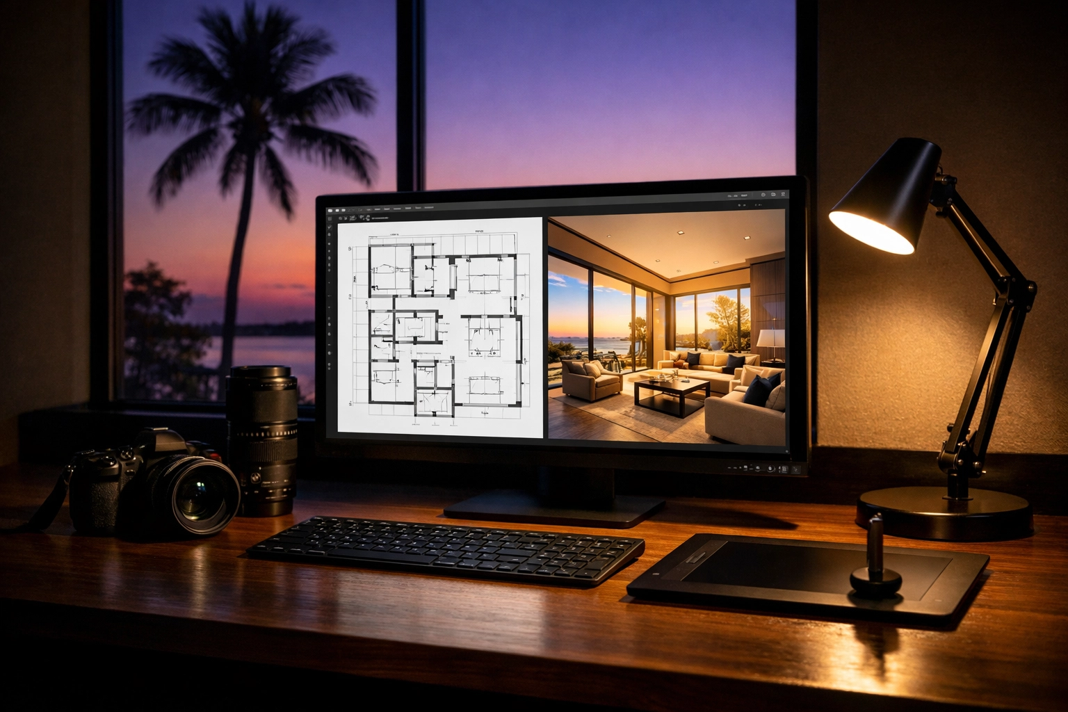 Professional editing desk with interactive floor plan for fast Jacksonville real estate photography results.