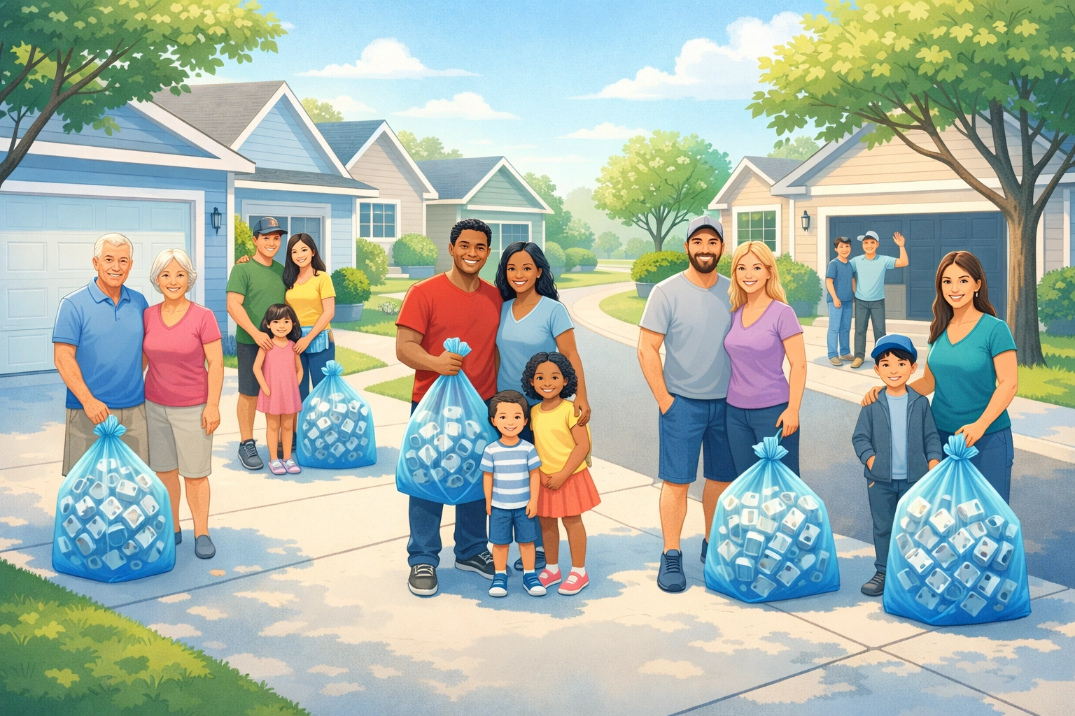 Neighbors holding recycling bags filled with aluminum cans for curbside fundraiser pickup