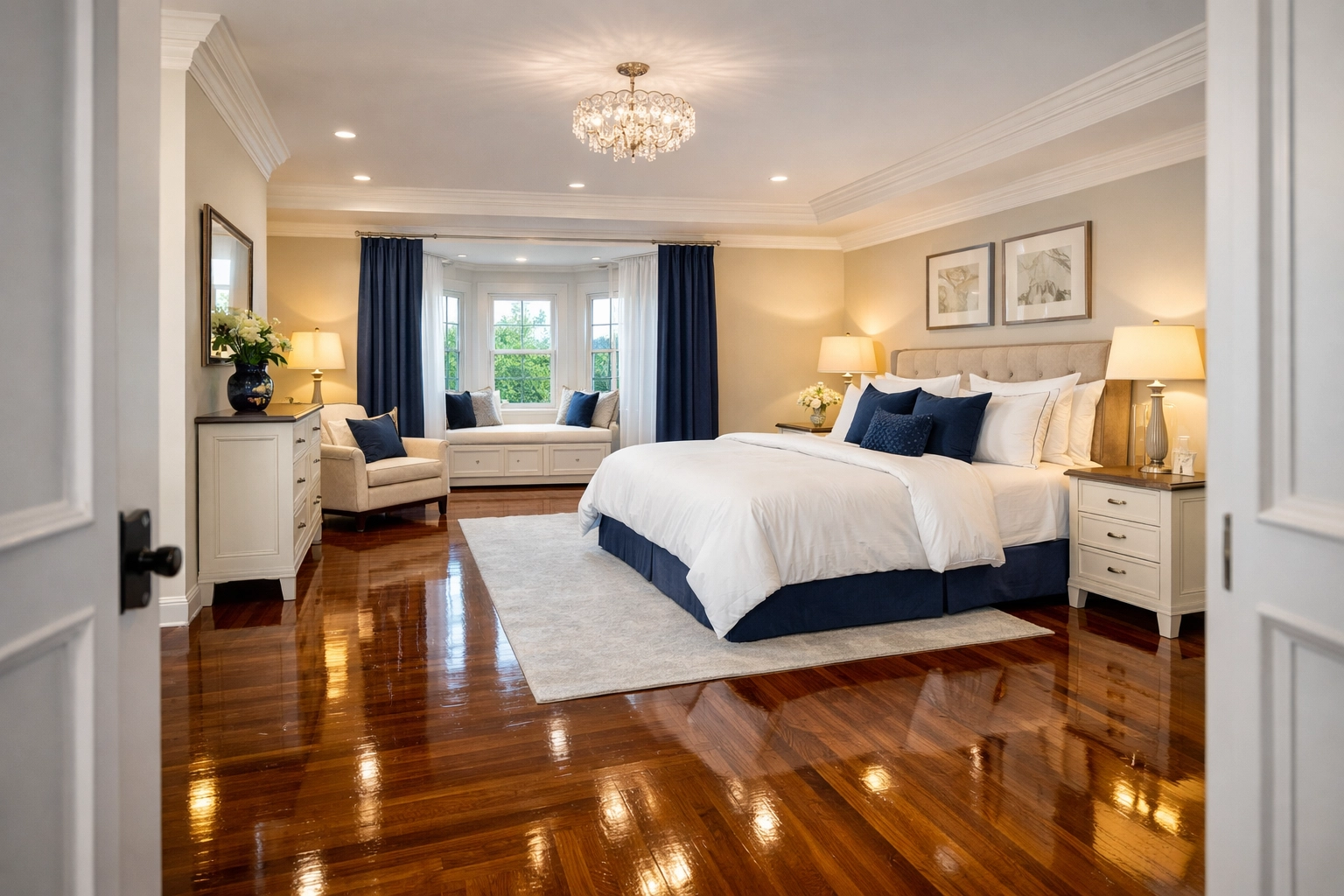 Immaculate bedroom with polished floors from a luxury house cleaning Newton MA service for high-end estates.