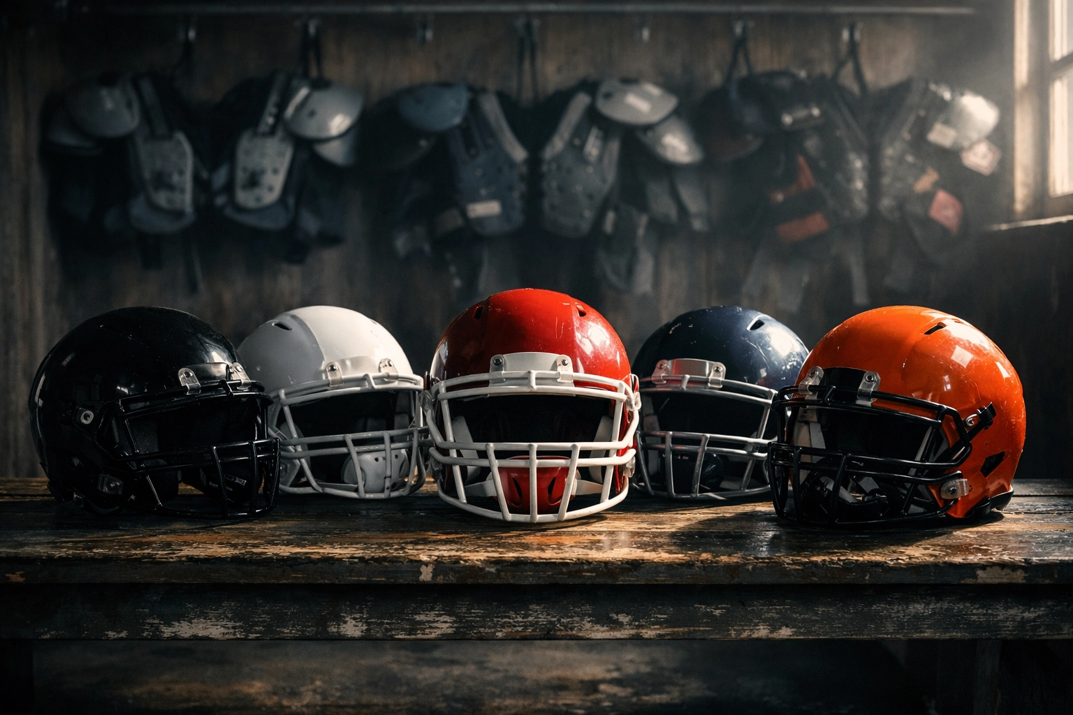 Football helmets from New Jersey youth programs representing Class of 2030 prospects