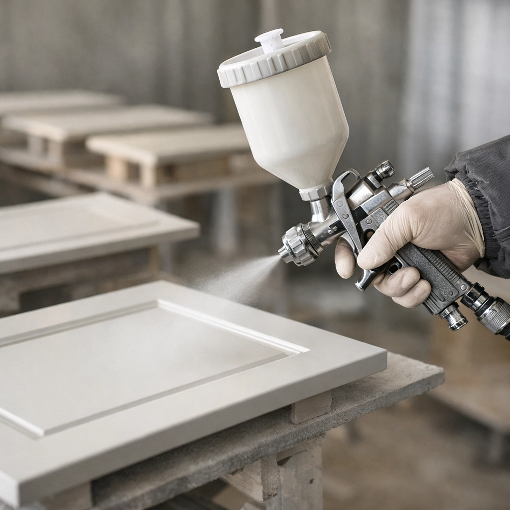 Professional painter applying high-quality finish to kitchen cabinet door during refinishing process