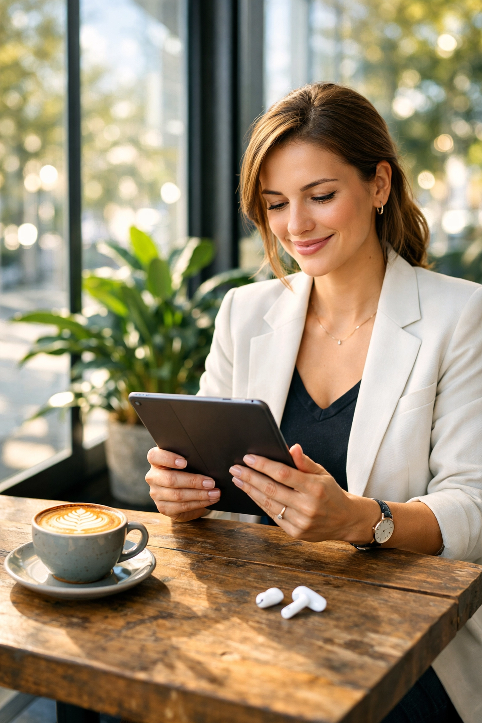 A woman studying online real estate classes on a tablet at a cafe with Boox Real Estate Academy.