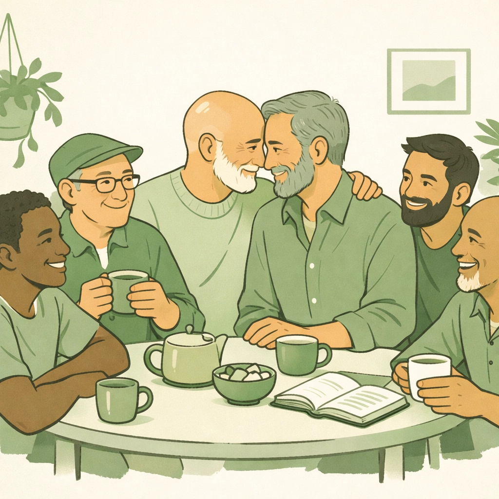 A group of men celebrating chosen family, highlighting authentic connection in popular gay novels.