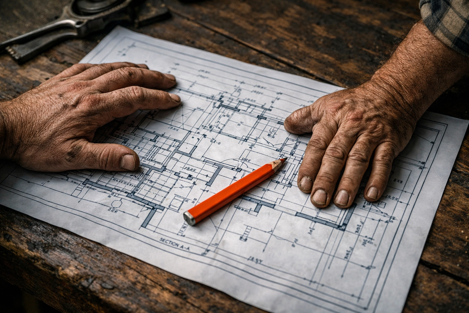 Tradesman planning a family banking strategy with blueprints on a wooden workbench.